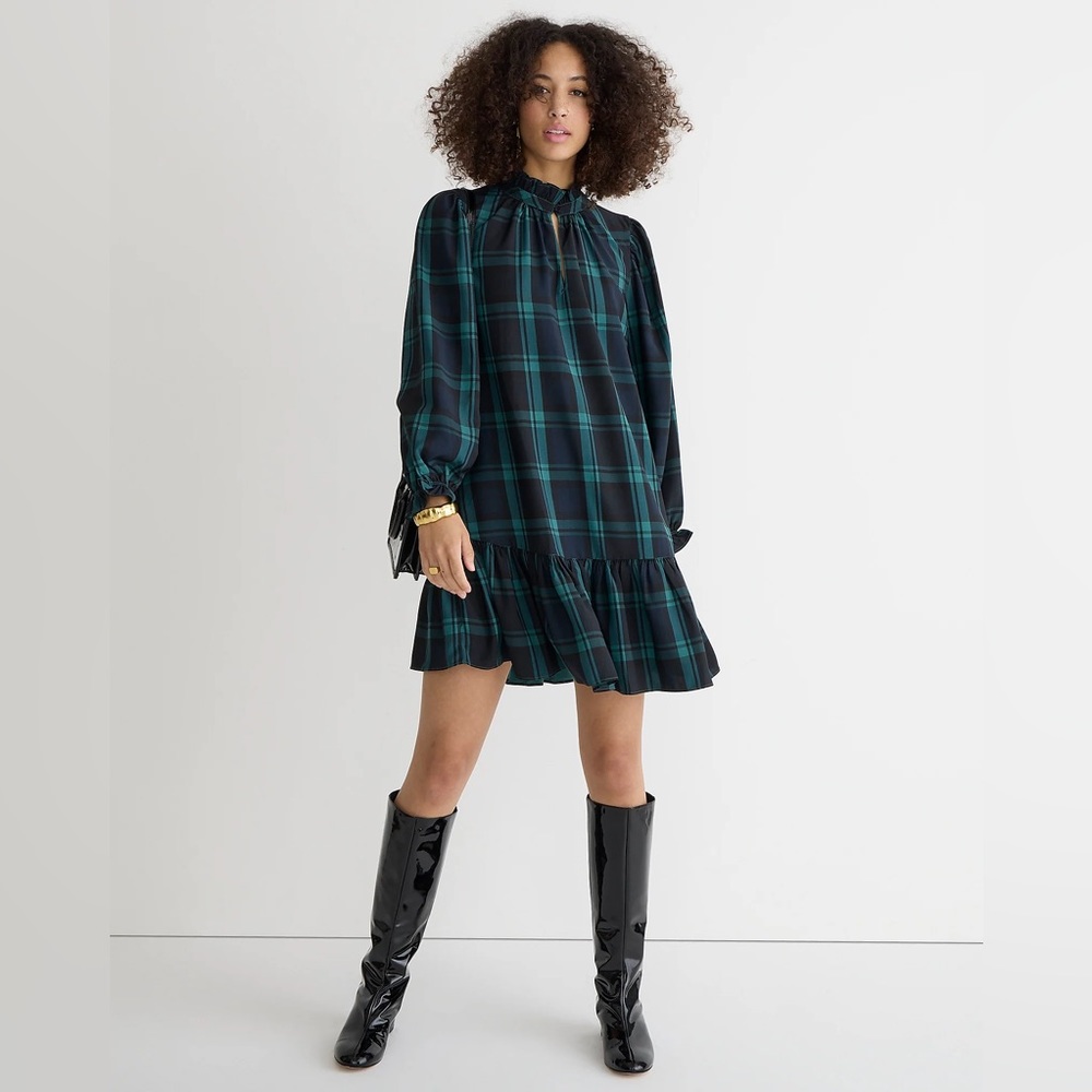 J.crew Ruffle puff-sleeve dress in Black Watch tartan